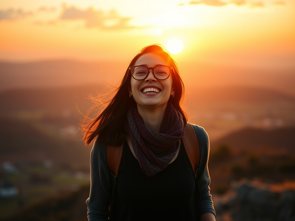 A woman on a hilltop facing away from a sunrise