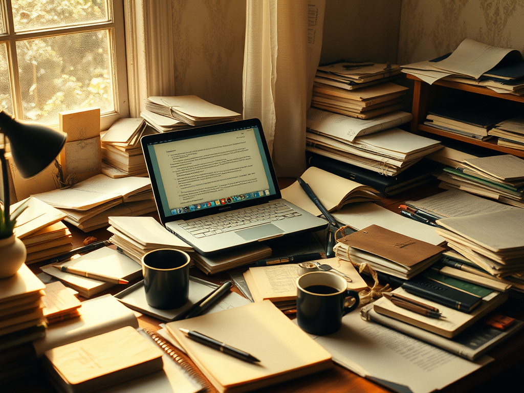 Laptop in the midst of a pile of research