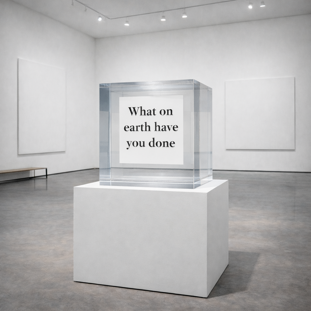 Transparent cube with text 'What on earth have you done' in an art gallery