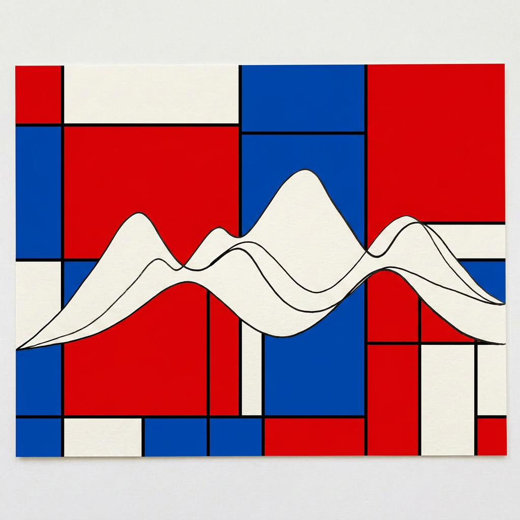 Black continuous lines forming abstract overlapping mountain shapes on white background