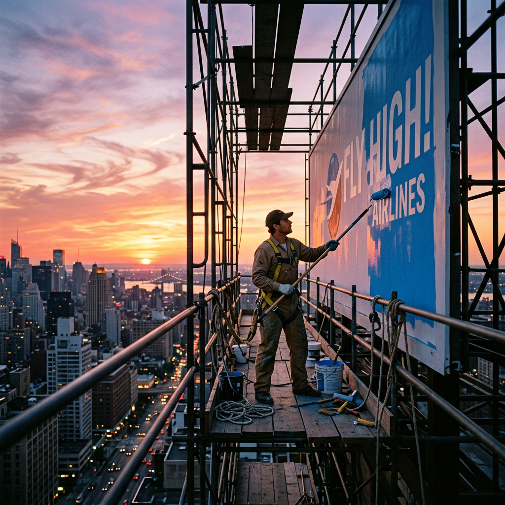 Man painting 'Fly High! Airlines' billboard on scaffolding overlooking city at sunset