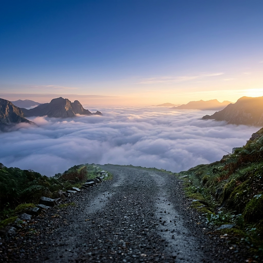 A person in a dark cloak hovering above a gravel forest path in foggy woodland