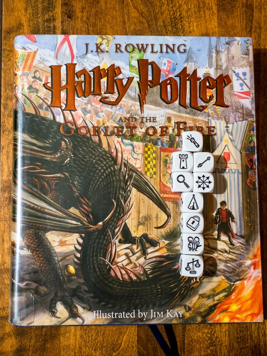 Story Cubes story on top of Harry Potter and the Goblet of Fire by J. K. Rowling