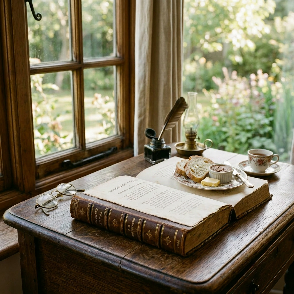 Vintage book open on wooden desk with quill pen, inkwell, oil lamp, and eyeglasses near window