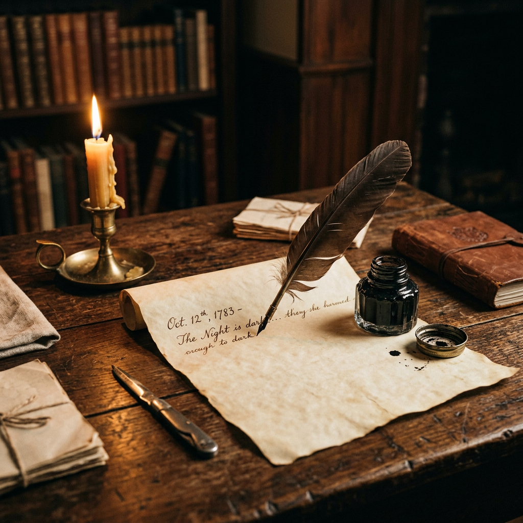 Quill pen writing on parchment with inkwell and candle on wooden desk