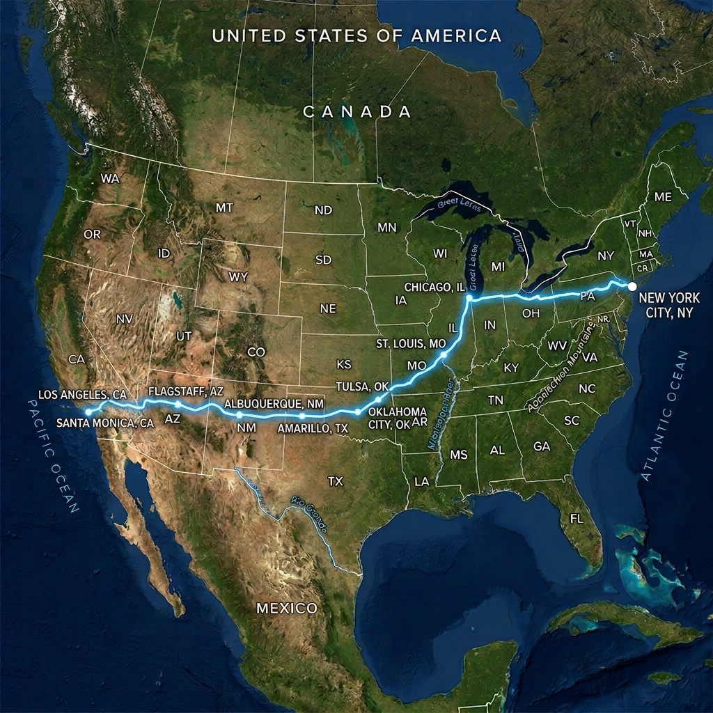 Map of the United States with a glowing blue line depicting a route from New York City to San Francisco