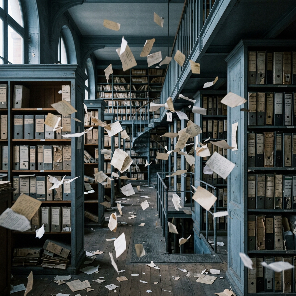 Old library interior with flying papers and shelves of binders