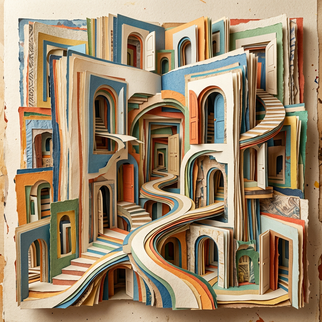 Layered paper artwork depicting colorful arches, doors, stairs, and winding paths