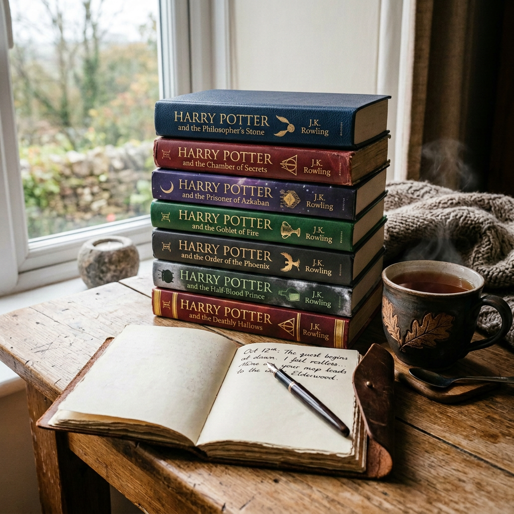 Stack of fantasy books beside an open journal and tea