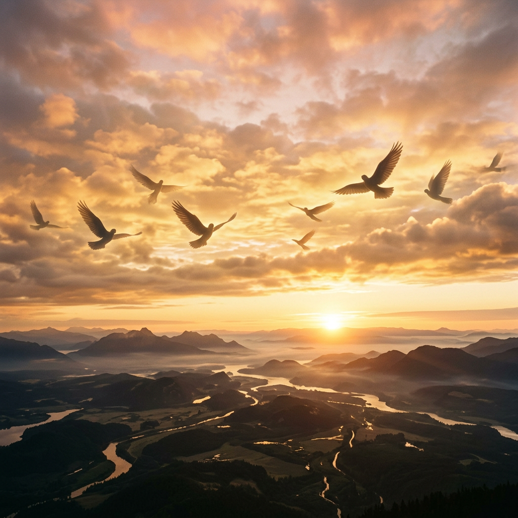 Birds flying above mountains and winding waterways at sunrise