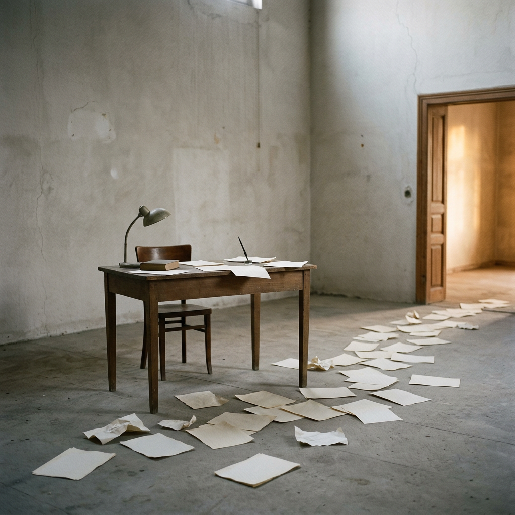 Wooden desk with papers and lamp in a weathered empty room